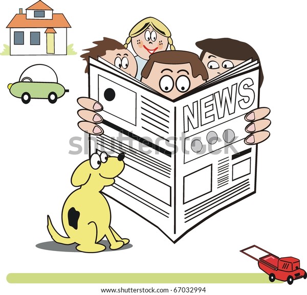 Vector cartoon\
of family group reading\
newspaper.
