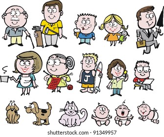 Vector cartoon of family group showing children, babies, parents and grandparents