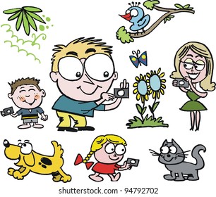 Vector cartoon of family group taking photographs outdoors