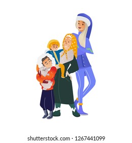 Vector cartoon family hugging at winter outdoor clothing standing together. Adult mother, senior elderly grandmother in headscarf, teen boy with dog and baby boy happy characters