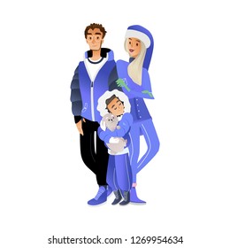 Vector cartoon family hugging at winter outdoor clothing standing together. Adult couple young mother and father near teen boy holding cute puppy in arms happy characters