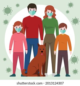 vector cartoon family man woman kids dog mother father wearing mask covid 19 virus.eps