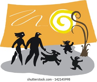 Vector cartoon of family walking in park with dog