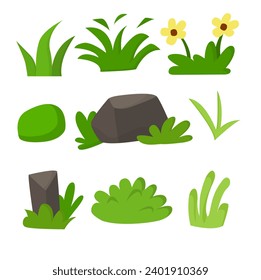 Vector cartoon fancy isolated bush rock grass template set illustrations