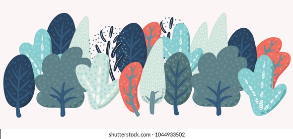 Vector cartoon fancy shapes trees forest in vintage colors on white isolated background