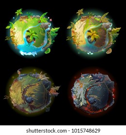 Vector cartoon fantastic planet Earth, world evolution set. Cosmic, space element for game, timeline infographic design. Illustration from burned ground with lava bones to green tropical plants rivers