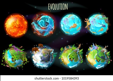 Vector cartoon fantastic planet Earth, world evolution set. Cosmic, space element game, timeline infographic design. Illustration from burning lava, water period, ice Age to green tropical plant river