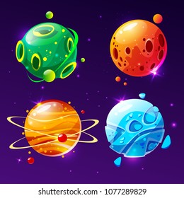 Vector cartoon fantastic planet, worlds asteroid set. Cosmic, alien space element for game design. Illustration with fire galaxy volcanic craters, satellit rings, ice frozen, poisonos comet and planet