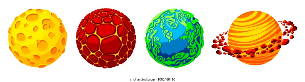 Vector cartoon fantastic planet, worlds asteroid set. Cosmic, alien space elements for game design. Illustration with fire galaxy with volcanic craters, satellite rings, blue green plants planet.