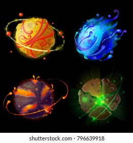 Vector cartoon fantastic planets, worlds asteroids set. Cosmic, alien space elements for game design. Illustration with fire galaxy with volcanic craters, stone planets with satellits and ice comet.