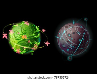 Vector cartoon fantastic planets and worlds set. Cosmic, alien space elements for game design. Illustration with green plants galaxy with butterflies and flowers, stone planet with satellits, craters.