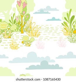 Vector cartoon fantastic seamless pattern with a glade of fabulous trees, plants and clouds