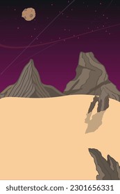 Dibujo vectorial de fantasía ilustración del cosmos y la superficie del planeta alienígena con rocas