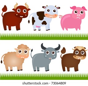 Vector cartoon of Farm Animal theme - buffalo, cow, ox, pig, bull with green grass. A set of cute and colorful icon collection isolated on white background