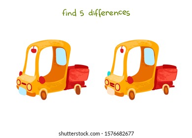 Vector cartoon farm car. Vector illustrations for children books. Find 5 differences. Educational game for children. 