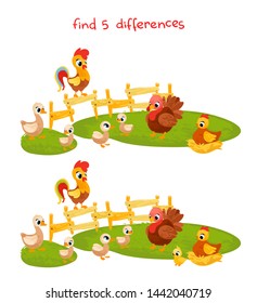 Vector cartoon farm composition in children's style. Vector illustrations for children books. Find 5 differences. Educational game for children. 