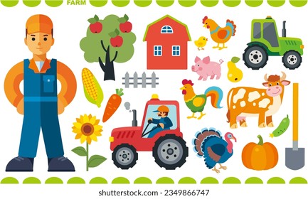 Vektor Cartoon Farm Set. Kollektion von ländlichen Symbolen mit Bauern, Landhaus, Tieren, Vögeln, Traktor, Fahrer, Obst, Gemüse. Cute flache Landwirtschaft, einzelne Illustration.