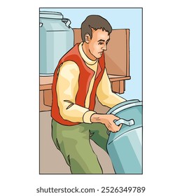 A Vector Cartoon of farmer holding can of fresh milk vector design illustration