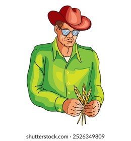 A Vector Cartoon of farmer holding a sheaf of wheat