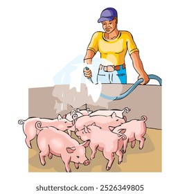 Um Desenho Animado Vetorial do agricultor Lavagem de Leitões ilustração de design vetorial