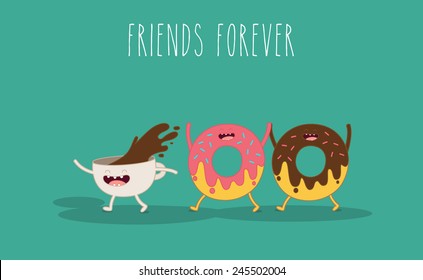 Vector cartoon. Fast food. Friends forever. Funny donut and coffee. You can use in the menu, in the shop, in the bar, the card or stickers. Easy to edit.