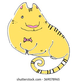 Vector cartoon fat cat with bow tie isolated on white background.