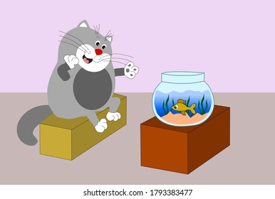 vector cartoon fat cat wants to eat a fish in the aquarium