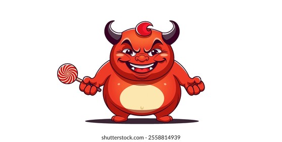 Vector cartoon fat chubby smiling cheerful horned red demon of gluttony. Hellish pot bellied toon creature. Round lollipop or candy. Animation devilish sticker. Naughty plump imp.