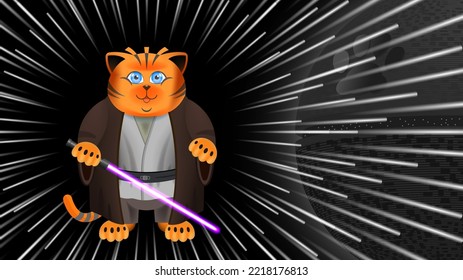 Vector cartoon fat funny cheerful smiling ginger cat with a glowing purple sword and in clothes on a dark background of a hyper jump and a round space battle station with a puss paw