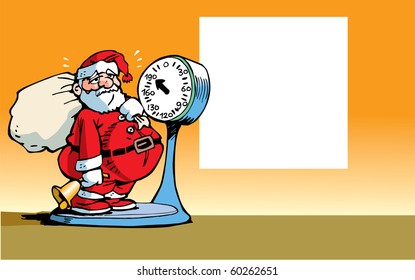 Vector Cartoon with fat Santa Claus on a Scale.