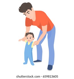 Vector cartoon father teaching his son to walk. Isolated white background. A man and a babe are beginning to walk. Toddler makes his first steps. Flat style. Dad holds the child by the hand.