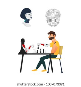vector cartoon female cyborg head, man playing chess with robot and microchip icon. Modern technology, digital mechanical brain, artificial intelligence in life. Isolated illustration white background