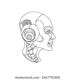 vector cartoon female cyborg head icon. Woman with modern technology digital mechanical brain, artificial intelligence deep machine learning concept. Isolated monochrome black white illustration