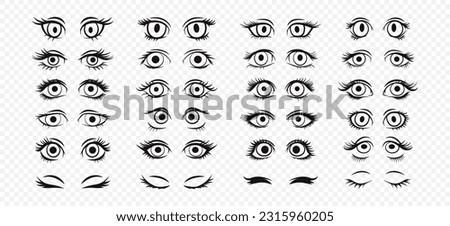 Vector Cartoon Female Eyes. Beautiful Black and White Womens Opened and Closed Eyes in Manga, Pop Art Comic Style, Isolated. Different Girls Eyes with Eyelashes Design Template, Scetches. Front View