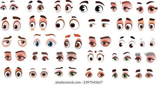 Colección de ojos femeninos de dibujos animados de vectores. Hermosas mujeres de colores de mirada abierta y cerrada al estilo indio, ojos de personajes indios ponen plantilla de diseño de Girls Eyes with Eyelashes (Niñas ojos con pestañas). Vista frontal