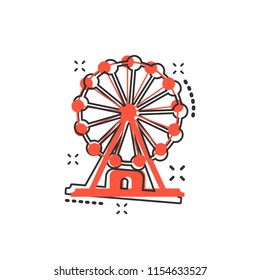 Vector cartoon ferris wheel icon in comic style. Carousel in park sign illustration pictogram. Amusement ride business splash effect concept.