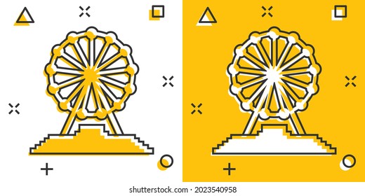 Vector cartoon ferris wheel icon in comic style. Carousel in park sign illustration pictogram. Amusement ride business splash effect concept.