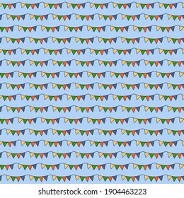 Vector Cartoon Festival triangle Flag Garlands Seamless Pattern. Hand drawn Birthday, Christmas, Summer Holiday Party Decoration. Multicolor background for design scrapbooking, wrapping paper, textile