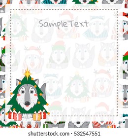 Vector cartoon festive art. Kawaii husky, malamute, wolf with Christmas masquerade outfits. Sweet background with square frame and place for Your text. Template for paper notes, greeting cards 