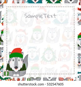 Vector cartoon festive art. Kawaii husky, malamute, wolf with Christmas masquerade outfits. Sweet background with square frame and place for Your text. Template for paper notes, greeting cards 