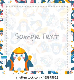 Vector cartoon festive art. Sweet background with square frame and place for Your text. Template for paper notes, greeting cards, menu, advertising, sale information. Flat penguins birds, sweet design