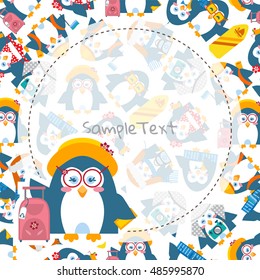 Vector cartoon festive art. Sweet background with round frame and place for Your text. Template for paper notes, greeting cards, menu, advertising, sale information. Flat penguins birds, sweet design 