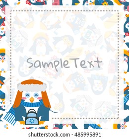 Vector cartoon festive art. Sweet background with square frame and place for Your text. Template for paper notes, greeting cards, menu, advertising, sale information. Flat penguins birds, sweet design