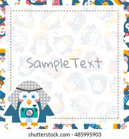 Vector cartoon festive art. Sweet background with square frame and place for Your text. Template for paper notes, greeting cards, menu, advertising, sale information. Flat penguins birds, sweet design