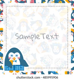 Vector cartoon festive art. Sweet background with square frame and place for Your text. Template for paper notes, greeting cards, menu, advertising, sale information. Flat penguins birds, sweet design