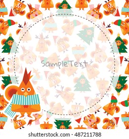 Vector cartoon festive art. Sweet holiday background with frame and place for Your text. Template for paper notes, greeting cards, menu, advertising, sale information. Flat rooster bird, winter design