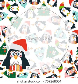 Vector cartoon festive art. Sweet holiday background with frame and place for Your text. Template for paper notes, greeting cards, menu, advertising, sale information, stationery. Flat penguins