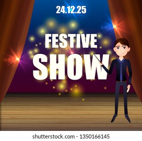 Vector Cartoon Festive Show Background, Man on the Stage with Magic Lights.