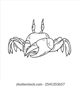 Vector cartoon Fiddler crab with big claw line art black ink isolated sketch. Sea animal hatching monochrome black engraving. For coloring page, book, tattoo.