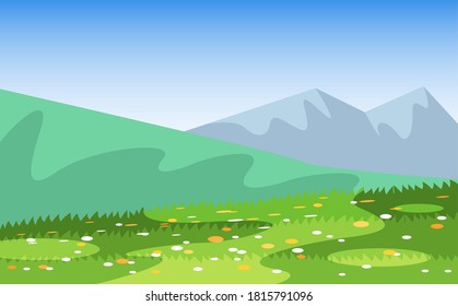Vektorgrafik-Feld Landschaft von Sommerwiesen, Gras mit Blumen, Vegetation, Berge und Hügel. Abstrakte Farbverlauf-Landschaft Sommerhintergrund. Helle Landschaft schöne Natur.
